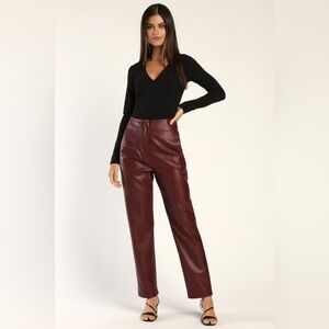 NWT Lulus Icon Living Burgundy Vegan Leather High-Waisted Trousers